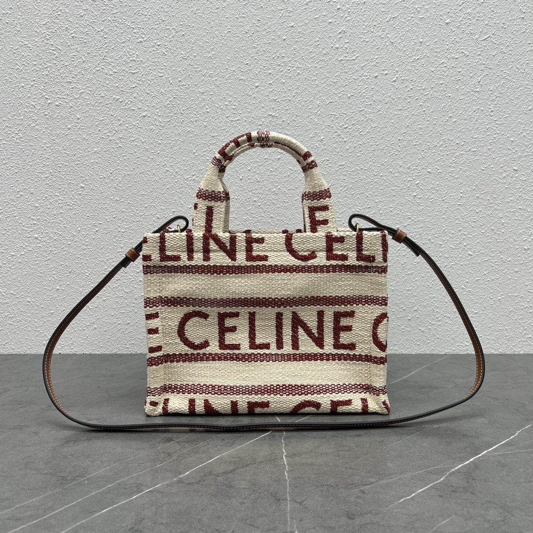 Celine Small Cabas Thais In Striped Textile With Celine Jacquard And Calfskin Cream/Red 199162